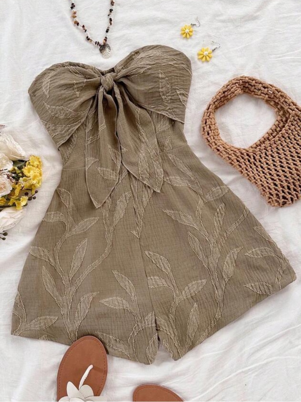 Source Unknown Khaki Strapless Tie-Front Romper